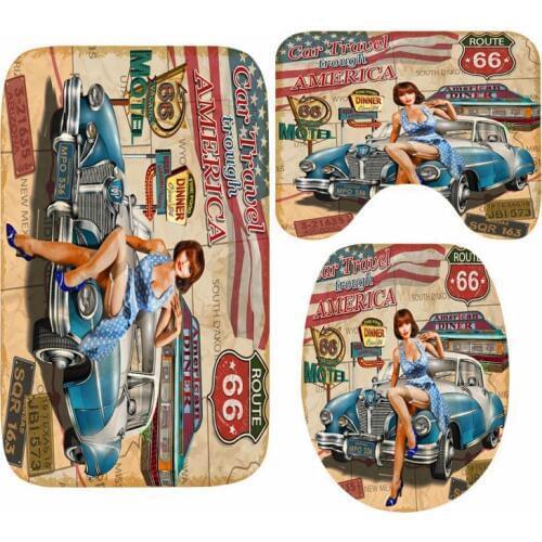 Retro Vintage Route 66 Poster Bath Mat Set Route 66 Hot Girl Beauty Motel Toilet Mat for Bathroom Shower Floor Rug Carpet Garage