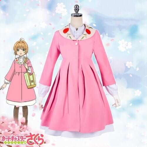 New Cardcaptor Sakura Cosplay Costume Kinomoto Sakura Cosplay Pink Dress+Mint Apron Casual Clothes Halloween Costumes for Women