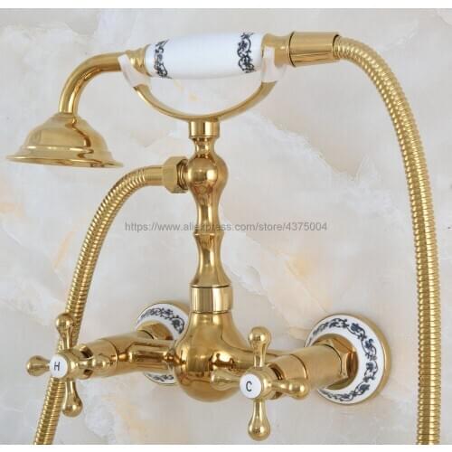 Gold Color Brass Bathroom Rainfall Hand Shower Faucet Set Mixer Tap With Hand Sprayer Wall Mounted Nna828