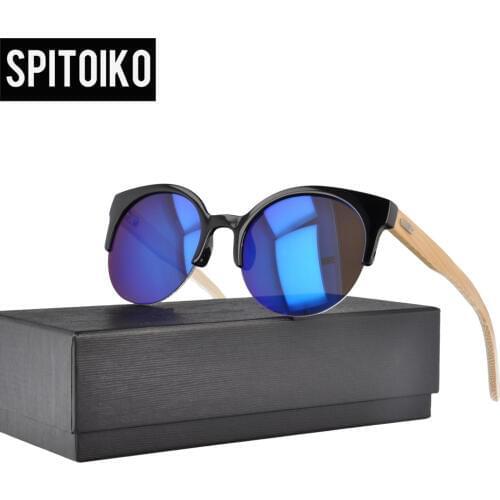 SPITOIKO Sunglasses UV400 Semi-Rimless Frame Bamboo Temple For Unisex Brand Design Mirror Eyewears With Case WPB1035