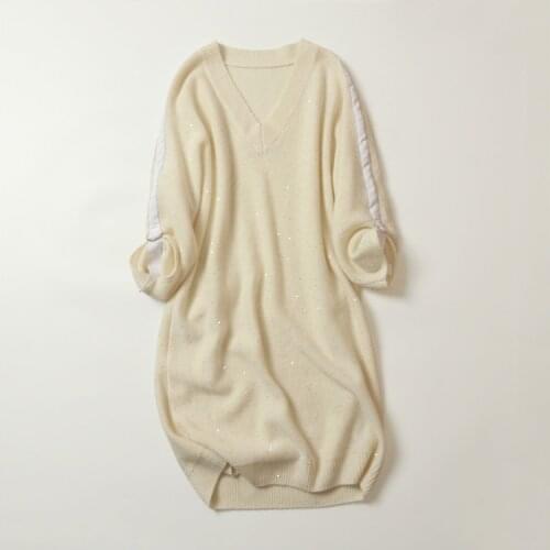 High-end 100% cashmere v neck fashion dresses with sequin women\s winter knitted warm pullovers female stylish knitwear