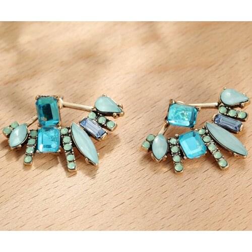 YaYi Jewelry Fashion BOHO Blue Glass Crystal Rhinestone Dangle Women Ancient Gold Color Wear Ear Band Long Tassel Earrings