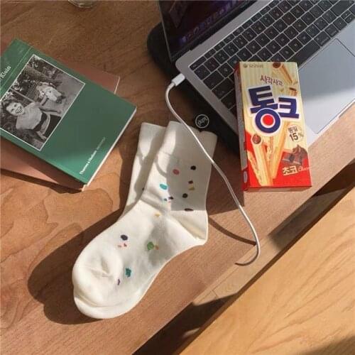 2021 Womens Summer Sock Korean Geometric Fashion Color Printing White Cotton Couple Cute TJ3043