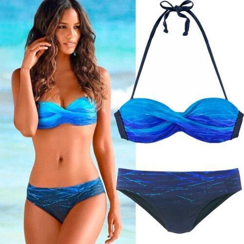 Push up 2019 Sexy Bandeau Swimsuit Women Swimwear Halter Female Bikinis Print Padded Vintage Bikini Set Biquini Beachwear XL