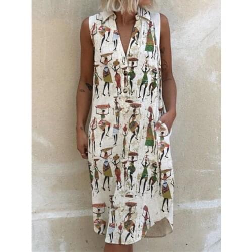 2021 Summer New Womens V-neck Printed Pattern Loose Lapel Retro Pocket Sleeveless Dress Loose Casual Plus Size 5XL