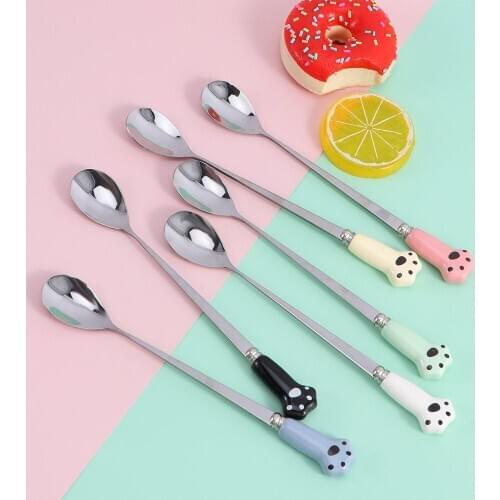 1 Pcs Stainless Steel Long Handle Cute Cat Claw Coffee Spoons Fruit Dessert Spoon Candy Tea Spoon Ice Cream Dessert Spoon