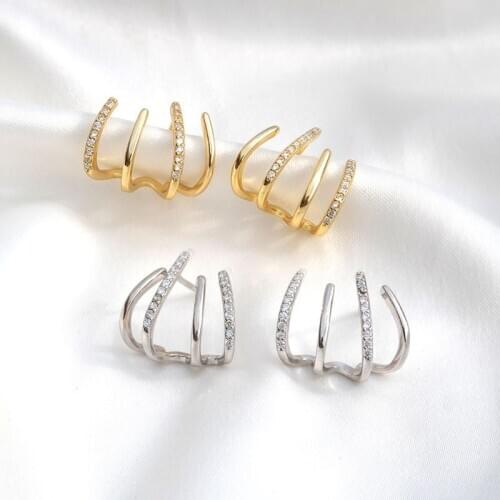 100% Real 925 Sterling Silver Simple Hollow Geometric Stud Earrings Cute Zircon Multi-layered Wrap Studs Fine Jewelry for Women