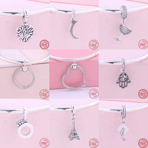 100% 925 Silver Cross Moon Iron Tower Sailboat Rainbow Dangle Charms Fit Original Pandora Bracelet Bangle DIY Beads Jewelry Gift