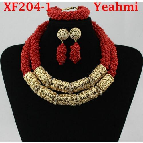 2019 Free Shipping Nigerian Beads Wedding Jewelry Set Bridal Dubai Gold-color Jewelry Sets African Beads Jewelry Set XF204-2