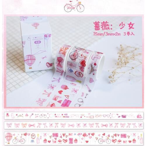 3 pcs/pack Girlhood Pink Bullet Journal Washi Tape Planner Adhesive Tape DIY Scrapbooking Sticker Label Japanese Masking tape
