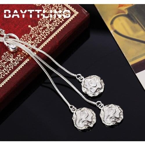 BAYTTLING 925 Sterling Silver 18 Inch Carved Rose Flower Pendant Necklace For Woman Luxury Fashion Party Gift Wedding Jewelry