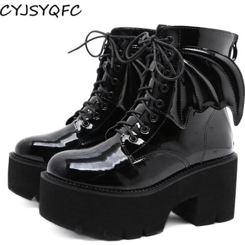 CYJSYQFC Fashion Angle Wing Ankle Boots For Women Patent Leather Lace Up Thick Bottom Platform Shoes Punk Gothic Demonia Boots