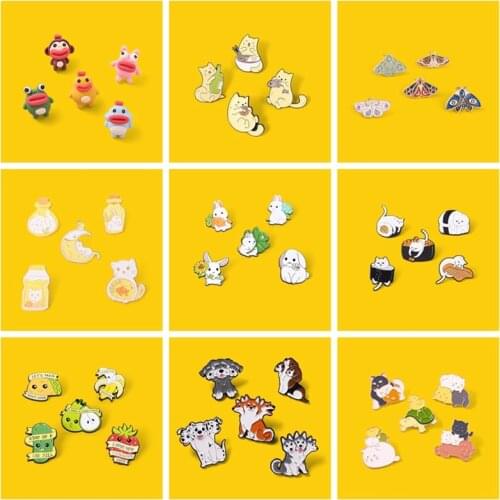 9 Sets Animal Plant Cartoon Enamel Pins Badge Building Blocks Fox Fairy Tale Brooches For Women Cute Dog Paint Lapel Pin Jewelry