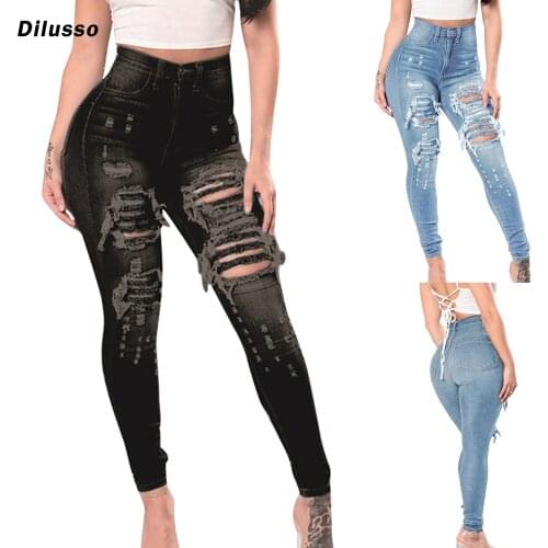 Trousers Women Slim Washed Ripped Hole Gradient Vintage Clothing Jeans Casual Solid Color Stretch High Waist Jeans Plus Size