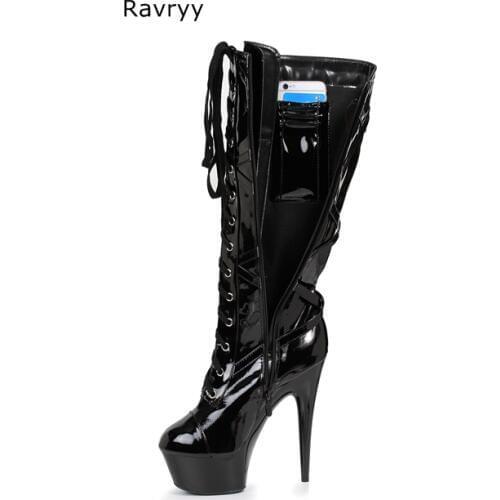 Pocket Cross-tied patent leather black Woman long boots Pole dance Model Show Fun Club Party Female Shoes Platform Thin Heel