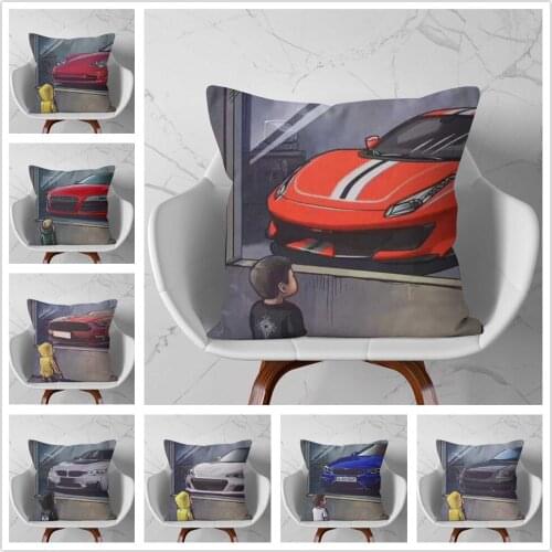Child looking at motorcycle/car pattern Soft Short Plush Cushion Cover Pillowcase Home Sofa Car Decoration Pillowcase 45X45 Cm