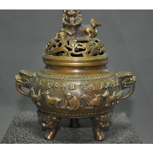 China Old Bronze Chinese Zodiac Signs Lion Foo Dog Dragon Incense Burner Censer