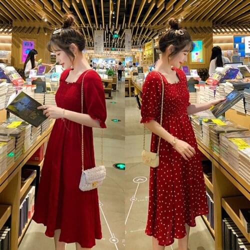 Square Collar Dot Pregnancy Summer Korean Fashion Maternity Long Dress Elegant Hot Slim Charming Clothes for Pregnant Women