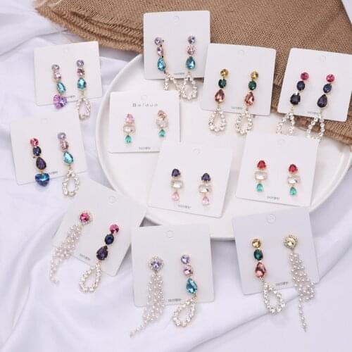 MENGJIQIAO Korean New Colorful Heart Crystal Asymmetry Long Pearl Tassel Drop Earrings For Women Fashion Party Boucle D'oreille