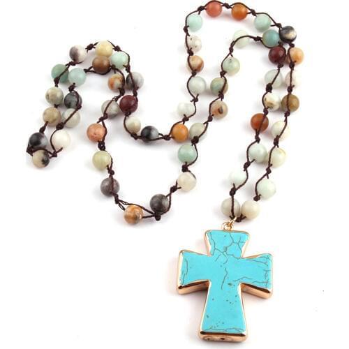Fashion Bohemian Tribal Jewelry Amazonite Stones Knotted Cross Necklace For Women