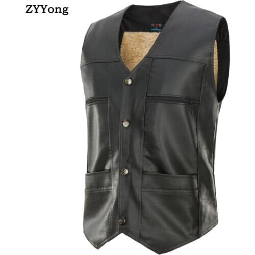 Winter Vest Coat Men Add Cashmere Thicken Leather Single-Breasted Herringbone Slim Fitted Suit Waistcoat Black Jacket Clothing
