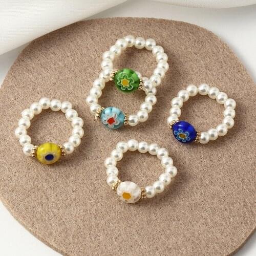 5pcs/set Bohemian Ring Handmade Beaded Set Flower Imitation Pearl Elastic Rings for Women Girl Jewelry Accessories