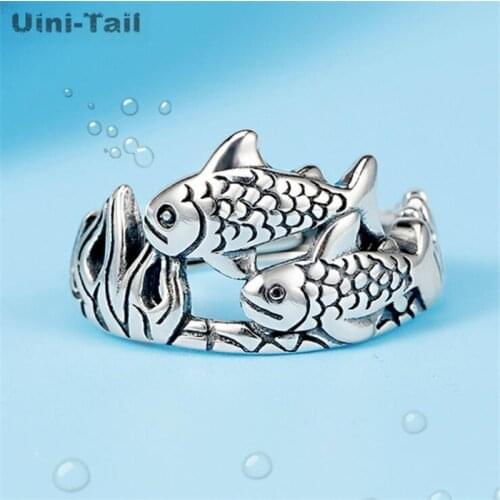 Uini-Tail new hot-selling 925 sterling silver Chinese ethnic style double fish open ring simple and creative lucky carp ring