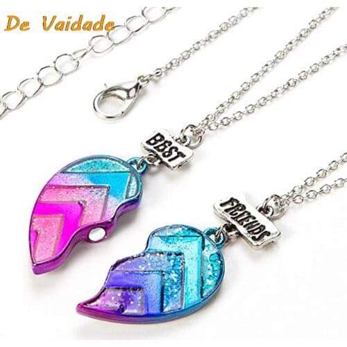 Unisex 2 Pcs BFF Necklace Womens Heart Pendant Best Friend Letter Necklace Fashion Couple Chain Necklace Men Friendship Jewelry