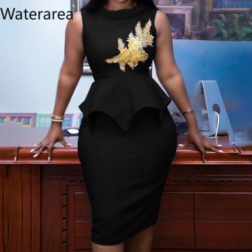 Waterarea Women Dress O-neck Sleeveless Print Hem Ruffle Pencil Knee-length Dress Sexy Office Lady Female Vestidos Summer 2021