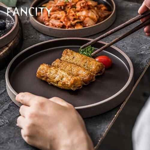 FANCITY Japanese-style retro simple straight-sided western plate stoneware flat-bottom steak plate dessert plate Korean European