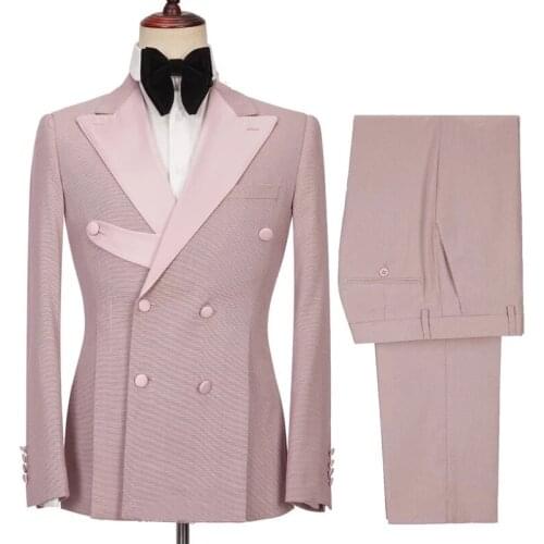 Luxury Pink Men Suits Double Breasted Peak Lapel Costume Slim Fit Wedding Groom Prom Terno Masculino Blazer 2 Pcs Jacket+Pant