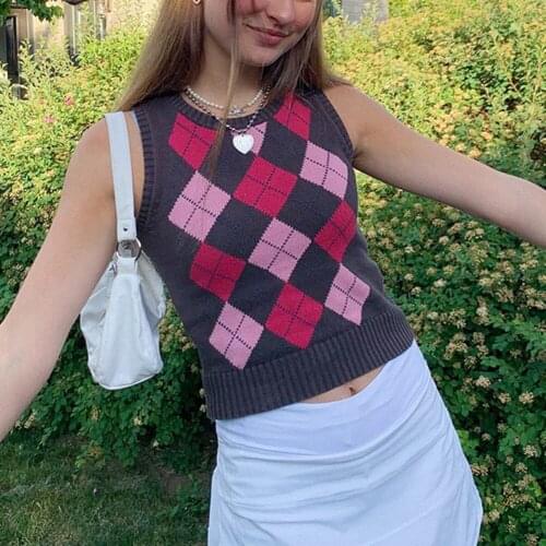 O Neck Women Tank Sweater Purple Red Tartan Patchwork pull femme Sweaters Vintage Sleeveless knitted Drop shipping