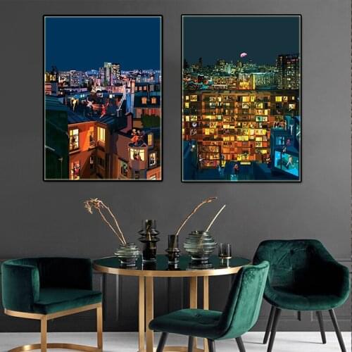 Modern Art Hand-painted City Night View Canvas Print House Family Life Posters and Prints Living Room Decoration with DIY Frame