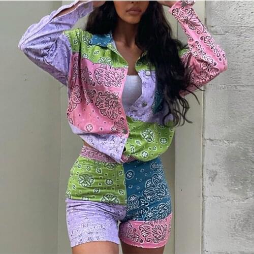 Y2K Floral Print Long Sleeve Tracksuit Women Casual Boho Shorts Two Piece Set Loose Shirt Tops And Mini Beach Shorts Set