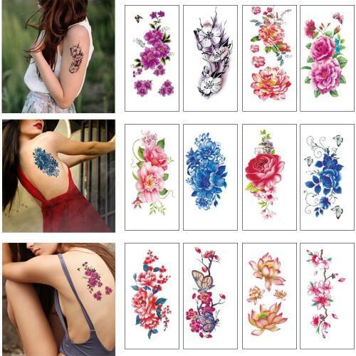 Tattoo Pack of 12 Sheets Flower Temporary Tattoos Stickers Lotus Cherry Blossoms Flash Tattoo
