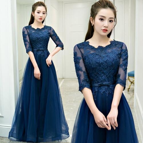Navy blue long half sleeve sweat lady girl women princess bridesmaid banquet party dress gown