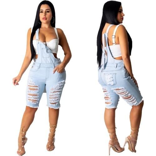 Solid Color Ripped Hole Hollow Out Sling Sexy Backless Jumpsuit Women Denim Overalls Fashion Rompers Bodysuits