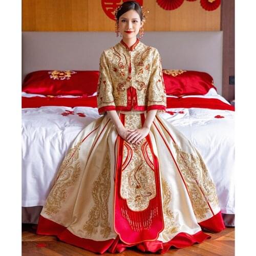 Vintage Beading Embroidery Chinese Traditional Couple Wedding Suit Cheongsam Elegant Bride Qipao Dress китайская одежда