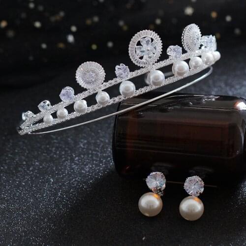 New Fairy Beautiful Pearl Zircon Bridal Crown Earrings Rhinestone Tiara Wedding Hair Jewelry Accessories