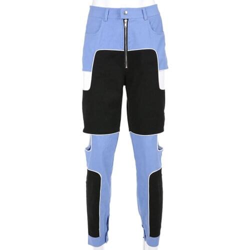 Patchwork Hollow Out Streetwear Women Pants Zipper Pockets Street Style Cargo Pants 2019 Autumn Winter Female Pantalon Mujer