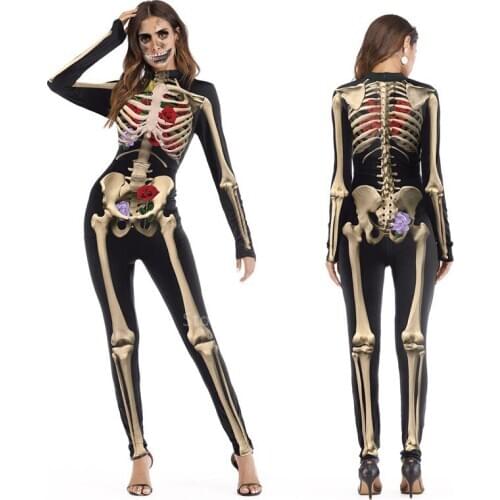Halloween Costume for Women Adult Rose Elastic Jumpsuit 3D Print Scary Ghost Skeleton Skull Zentai Carnival Party Costume Romper