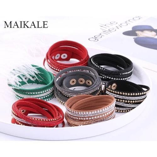 MAIKALE Vintage 7 Colors Woven Leather Bracelet MultiLayer Hot Drilling Rivet Wild Bracelets for Women Jewelry Accessories Gifts