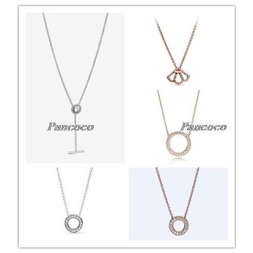 Authentic 925 Sterling Silver Pave Circle Logo T-Bar Heart With Crystal Necklace For Women Wedding Party Pandora Jewelry