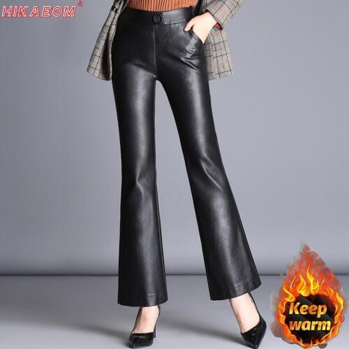 Winter Leather Pants For Girls With Velvet Female High Waist Autumn Winter Botton Pu Leather Slim Fishtail Flared Pants Hot Sale