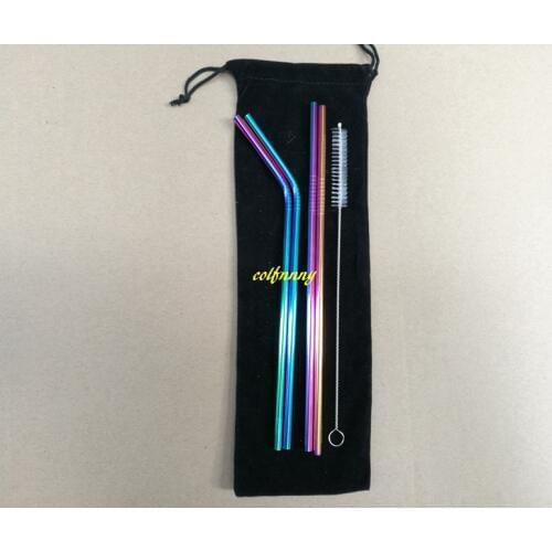 100sets/lot 4pcs 6*215mm Stainless Steel Drinking Straw Colorful Reusable Straw with cleaner Brush & pouch For Juicy Party tool