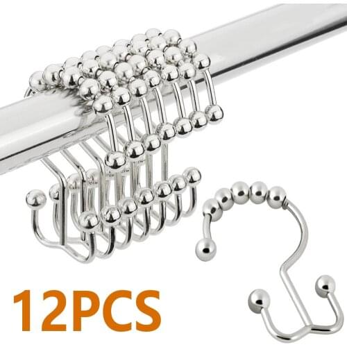 12 pcs Stainless Steel Curtain Hooks Bath Curtain Rollerball Shower Curtain Rings Hooks 5 Rollers Polished Satin Nickel Ball