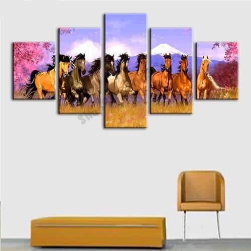 5 Panel Diamond Mosaic Horses Diamond Painting Square Round Diamond Embroidery Fantasy Animal for New Year Decor 2021 GG5045