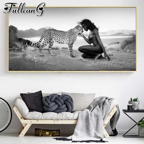 FULLCANG Black woman love leopard large diamond painting 5d diy full square round mosaic embroidery sexy african girl FC3341