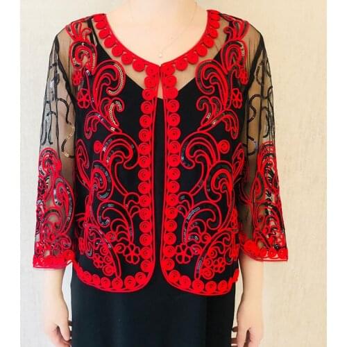 Black Thin Long Sleeve Flapper Shawl Crochet Lace Mesh Sequins Shrug Bolero Women Embroidery Cardigan Short Coat
