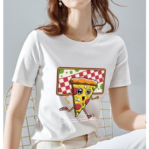 Womens T-shirt Summer Commuter Leisure Breathable Cute Cartoon Pizza Print Pattern Round Neck Slim Soft Ladies Comfortable Top